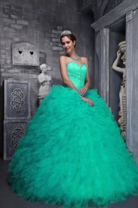 Ruffled Apple Green Sweet 15 Dress with Beads Decorate