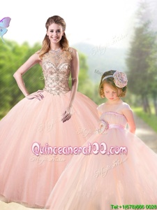 Custom Fit Floor Length Peach 15 Quinceanera Dress Scoop Sleeveless Lace Up