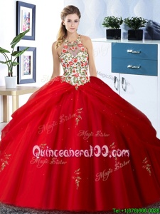 High Class Halter Top Sleeveless Floor Length Embroidery and Pick Ups Lace Up Sweet 16 Dresses with Red
