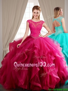 Clearance Hot Pink Scoop Neckline Beading and Appliques and Ruffles Quinceanera Dress Cap Sleeves Lace Up