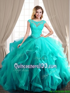 Affordable Scoop Aqua Blue Tulle Lace Up Ball Gown Prom Dress Cap Sleeves With Brush Train Beading and Appliques and Ruffles