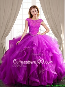 Designer Scoop Cap Sleeves With Train Lace Up Ball Gown Prom Dress Fuchsia and In forMilitary Ball and Sweet 16 and Quinceanera withBeading and Appliques and Ruffles Brush Train