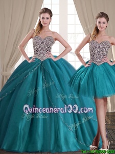 Discount Three Piece With Train Lace Up Quinceanera Dresses Teal and In forMilitary Ball and Sweet 16 and Quinceanera withBeading Brush Train