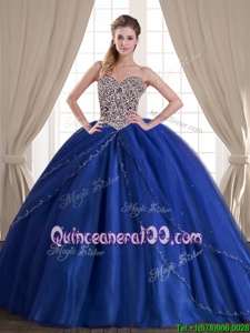 Royal Blue Lace Up Quinceanera Gown Beading Sleeveless With Brush Train