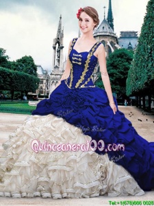 Trendy Blue And White Straps Lace Up Beading and Ruffles and Pick Ups 15 Quinceanera Dress Brush Train Sleeveless