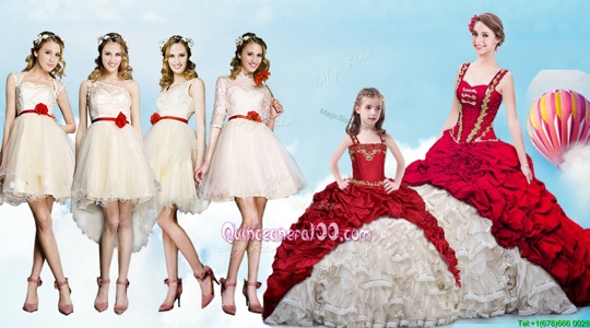 Glamorous Straps Straps With Train Lace Up Vestidos de Quinceanera White And Red and In forMilitary Ball and Sweet 16 and Quinceanera withBeading and Ruffles and Pick Ups Brush Train