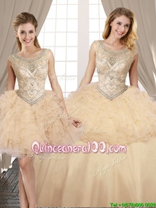 Modest Three Piece Scoop Sleeveless Floor Length Beading and Ruffles Lace Up Quinceanera Gowns with Champagne