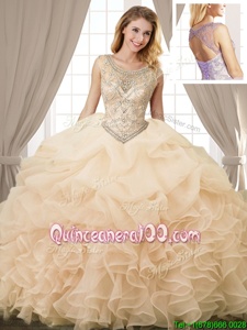 Suitable Champagne Scoop Lace Up Beading and Ruffles and Pick Ups Ball Gown Prom Dress Sleeveless