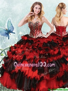 Fabulous Sequins Ruffled Floor Length Black and Red Ball Gown Prom Dress Sweetheart Sleeveless Lace Up