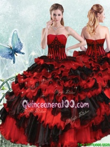 Pretty Ruffled Floor Length Ball Gowns Sleeveless Black and Red Quinceanera Dresses Lace Up