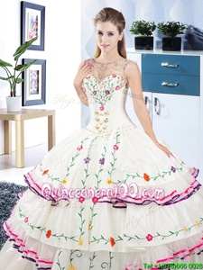 White Scoop Neckline Beading and Embroidery and Ruffled Layers Sweet 16 Dresses Sleeveless Lace Up