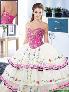 Glittering Floor Length Lace Up Quinceanera Dresses White and In forMilitary Ball and Sweet 16 and Quinceanera withEmbroidery and Ruffled Layers