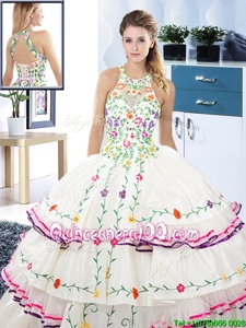 Pretty Halter Top Sleeveless Organza and Taffeta Vestidos de Quinceanera Embroidery and Ruffled Layers Lace Up