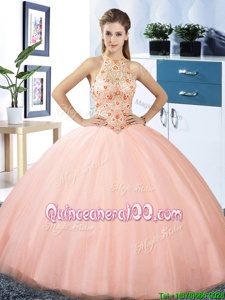 Traditional Peach Sweet 16 Dress Military Ball and Sweet 16 and Quinceanera and For withEmbroidery Halter Top Sleeveless Lace Up