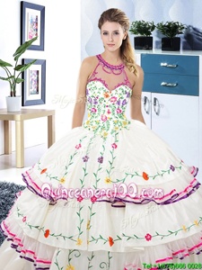 Nice Halter Top White Sleeveless Embroidery and Ruffled Layers Floor Length Quinceanera Gowns