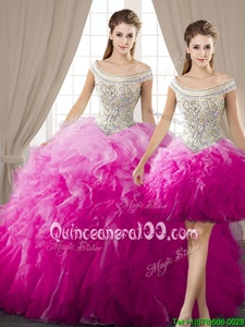 Shining Three Piece Off The Shoulder Sleeveless Lace Up Quinceanera Gown Fuchsia Organza