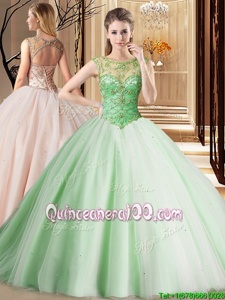 Pretty Spring Green Scoop Neckline Beading Sweet 16 Dresses Sleeveless Lace Up
