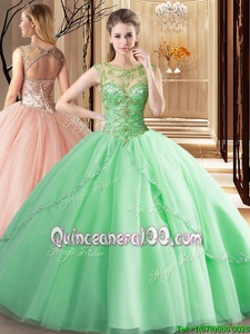 Simple Spring Green Ball Gowns Tulle Scoop Sleeveless Beading Lace Up Vestidos de Quinceanera Brush Train