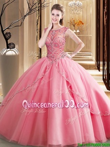 High Class Scoop Watermelon Red Sleeveless Tulle Brush Train Lace Up Vestidos de Quinceanera forMilitary Ball and Sweet 16 and Quinceanera