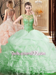 High Quality Scoop Pick Ups Ball Gowns Sleeveless Apple Green Quinceanera Gowns Brush Train Lace Up