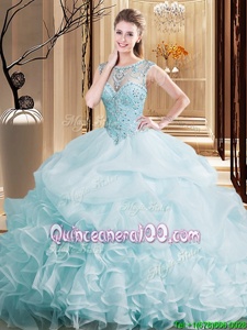 Great Scoop Sleeveless Beading and Ruffles and Pick Ups Lace Up Quinceanera Dresses with Light Blue Brush Train
