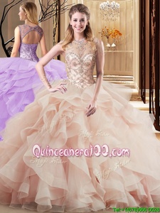 Cute Scoop Peach Ball Gowns Beading and Ruffles Sweet 16 Dress Lace Up Tulle Sleeveless