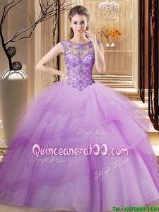 Fine Scoop Sleeveless Brush Train Lace Up Beading and Ruffled Layers Ball Gown Prom Dress