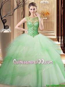Decent Scoop Spring Green Tulle Lace Up 15 Quinceanera Dress Sleeveless Brush Train Beading and Ruffled Layers