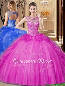 High Class Scoop Hot Pink Tulle Lace Up Ball Gown Prom Dress Sleeveless Floor Length Beading and Ruffles