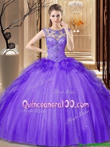 Suitable Scoop Purple Ball Gowns Sequins Quinceanera Dresses Lace Up Tulle Sleeveless Floor Length