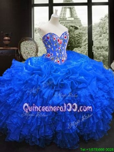 Custom Designed Royal Blue Ball Gowns Organza Sweetheart Sleeveless Embroidery and Ruffles Floor Length Lace Up Sweet 16 Dresses