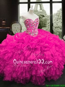 Lovely Fuchsia Sleeveless Floor Length Embroidery and Ruffles Lace Up Sweet 16 Quinceanera Dress