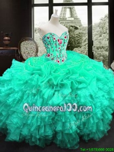 Romantic Turquoise Organza Lace Up Ball Gown Prom Dress Sleeveless Floor Length Embroidery and Ruffles