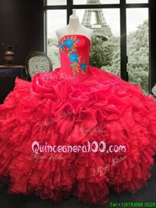 Discount Red Organza Lace Up Strapless Sleeveless Floor Length Quinceanera Gowns Embroidery and Ruffles