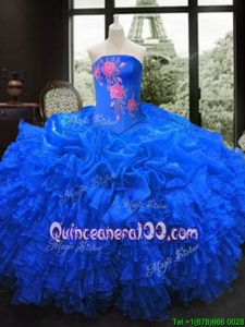 Hot Sale Royal Blue Strapless Neckline Embroidery and Ruffles Quince Ball Gowns Sleeveless Lace Up
