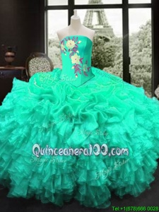 Sexy Turquoise Strapless Lace Up Embroidery and Ruffles Sweet 16 Dresses Sleeveless