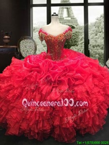 Fabulous Organza Sweetheart Cap Sleeves Lace Up Beading and Ruffles Sweet 16 Dresses inRed