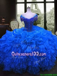 Exceptional Ball Gowns Quinceanera Gowns Royal Blue Sweetheart Organza Cap Sleeves Floor Length Lace Up