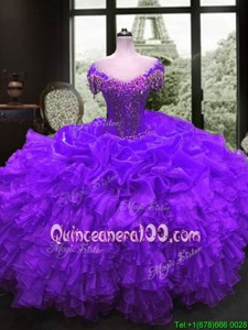 Customized Beading and Ruffles Sweet 16 Dress Purple Lace Up Cap Sleeves Floor Length