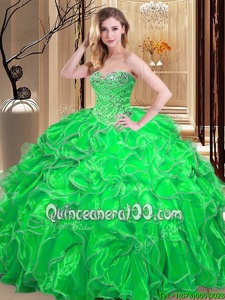 Adorable Spring Green Lace Up Sweetheart Beading and Ruffles Quince Ball Gowns Organza Sleeveless