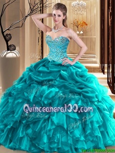 Perfect Teal Ball Gowns Organza Sweetheart Sleeveless Beading and Pick Ups Floor Length Lace Up Quince Ball Gowns