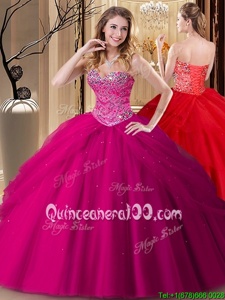Cheap Fuchsia Lace Up Sweetheart Beading 15 Quinceanera Dress Tulle Sleeveless