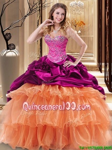 Smart Fuchsia and Orange Lace Up Sweetheart Beading and Ruffles 15 Quinceanera Dress Organza and Taffeta Sleeveless