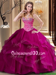 Ideal Fuchsia Sweet 16 Dress Military Ball and Sweet 16 and Quinceanera and For withBeading and Ruffles Sweetheart Sleeveless Lace Up