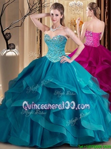 Fashion Teal Ball Gowns Sweetheart Sleeveless Tulle Floor Length Lace Up Beading and Ruffles Ball Gown Prom Dress
