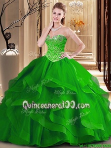 Custom Fit Sweetheart Sleeveless 15 Quinceanera Dress Floor Length Beading and Ruffles Green Tulle