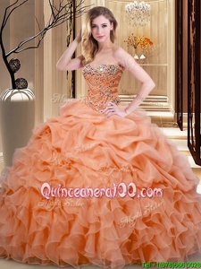 Perfect Floor Length Orange Quinceanera Gowns Organza Sleeveless Spring and Summer and Fall and Winter Beading and Ruffles and Pick Ups