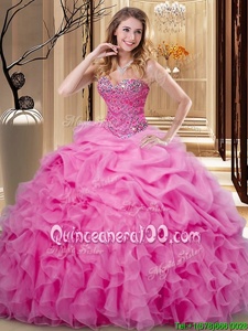 Suitable Rose Pink Ball Gowns Beading and Ruffles and Pick Ups Quinceanera Dress Lace Up Organza Sleeveless Floor Length