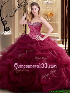 Stylish Burgundy Sweetheart Lace Up Beading and Ruffles 15th Birthday Dress Sleeveless
