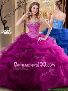 Fitting Fuchsia Ball Gowns Sweetheart Sleeveless Tulle Floor Length Lace Up Beading and Ruffles Quinceanera Gown